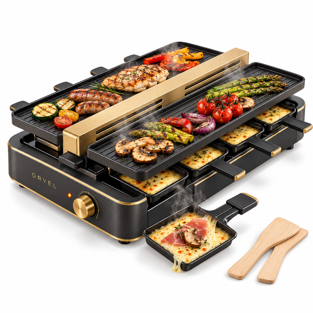 Appareil à Raclette & Grill 8 Personnes, Noir Mat & Laiton Doré